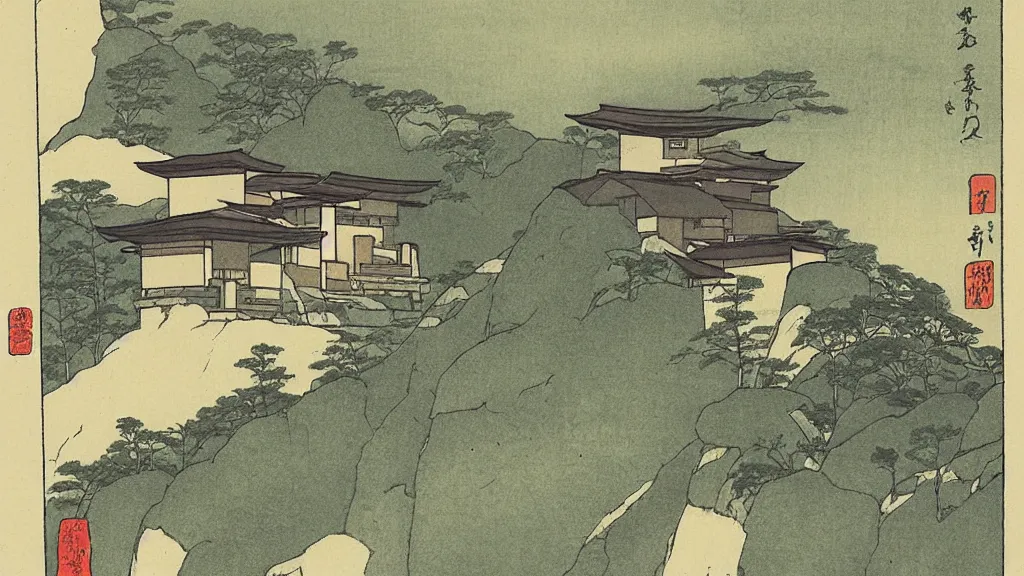 Prompt: a house on a mountain. shin hanga artwork