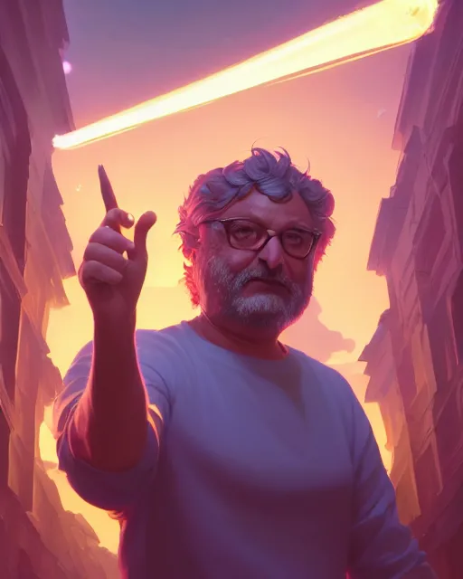 Image similar to highly detailed vfx portrait of beppe grillo casting a light spell, unreal engine, greg rutkowski, loish, rhads, beeple, makoto shinkai and lois van baarle, ilya kuvshinov, rossdraws, tom bagshaw, alphonse mucha, global illumination, detailed and intricate environment