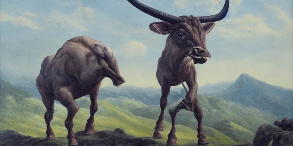 Prompt: painting of a minotaur standing amid craggy highlands