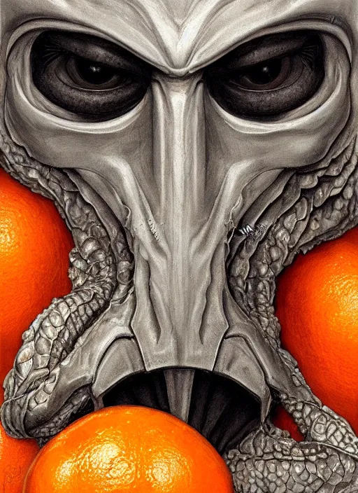 Image similar to orange slice mf doom reptile eyes, metal orange peel skin. intricate, elegant orange juice, highly detailed, centered, digital painting, artstation, concept art, smooth, sharp focus, illustration, artgerm, tomasz alen kopera, peter mohrbacher, donato giancola, joseph christian leyendecker, wlop, frank frazetta