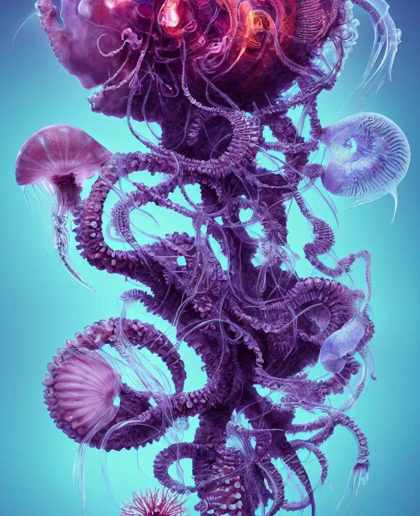 Image similar to goddess close-up portrait ram skull, thorax, x-ray, backbone, jellyfish phoenix head, nautilus, orchid, skull, betta fish, bioluminiscent creatures, intricate artwork by Tooth Wu and wlop and beeple. octane render, trending on artstation, greg rutkowski very coherent symmetrical artwork. cinematic, hyper realism, high detail, octane render, 8k