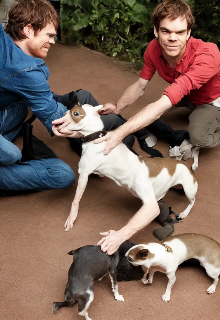Image similar to Michael C. Hall petting a Chihuahua, cute, beautiful, nature, award winning, photography, National Geographic, Michael C. Hall, f2.8 lens, portrait