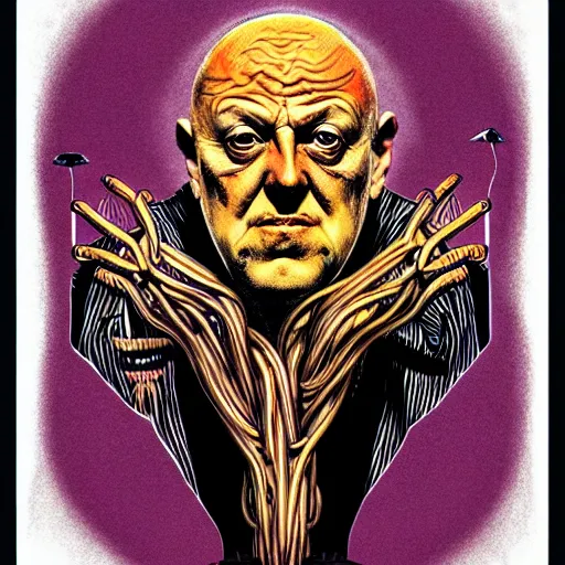Image similar to graphic illustration, creative design, aleister crowley, biopunk, francis bacon, highly detailed, hunter s thompson, concept art