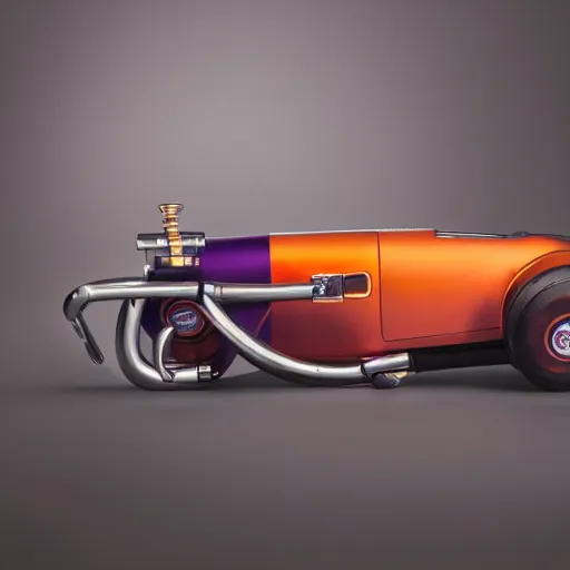 Image similar to award winning product photography, 3 5 mm lens, of a glossy orange metallic and shiny purple metallic shiny ergonomic virtual reality headset in style of a 1 9 3 6 bugatti type 5 7 sc, studio lighting,