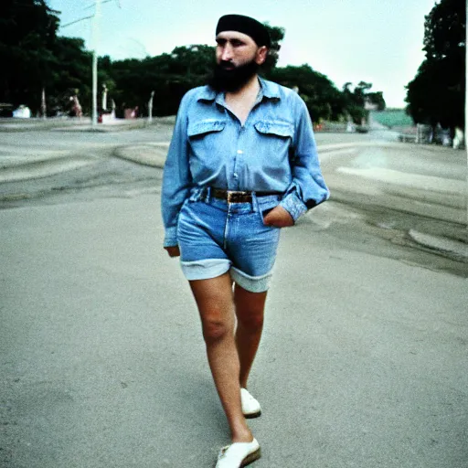 Image similar to fidel castro wearing denim shorts, full body portrait, 3 5 mm film, by nan goldin