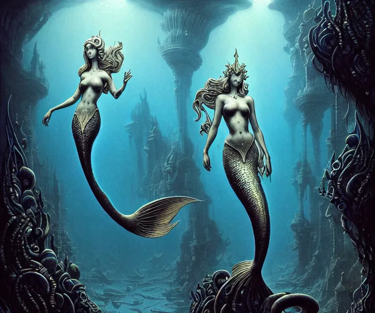 Image similar to a graceful beautiful mermaid looking at the sunken city of Atlantis deep under water, stunning undersea intricate detailed grand architecture in the style of Joe Fenton, art style by Greg Rutkowski and Mohrbacher and Gerald Brom and H. R. Giger, deep underwater scene, dark and moody, rays of sunlight, faint volumetric god rays, grim crushing atmosphere, trending on artstation, masterpiece, claustrophobic, dizzy, sharp focus, 8k octane beautifully detailed render, post-processing, extremely hyperdetailed, intricate, epic composition, grim yet sparkling atmosphere, cinematic lighting + masterpiece, trending on artstation, very detailed, Art Nouveau