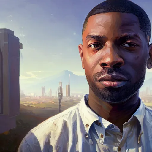 Image similar to highly detailed portrait, young man carl johnson cj, in gta v, stephen bliss, unreal engine, fantasy art by greg rutkowski, loish, rhads, ferdinand knab, makoto shinkai and lois van baarle, ilya kuvshinov, rossdraws, tom bagshaw, global illumination, radiant light, detailed and intricate environment