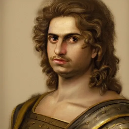 Image similar to A 17th century Baroque Painting of Alexander the Great, portrait of Alexander the Great, grainy, realistic, very realistic, hyperrealistic, highly detailed, very detailed, extremely detailed, very neat, very epic, very cool, detailed, trending on artstation