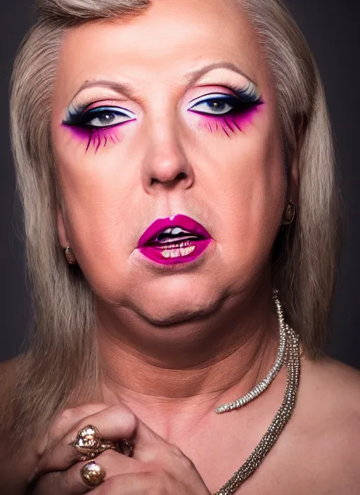 Image similar to studio portrait of lindsey graham in full drag dressed in drag dressed as a woman makeup, 8 k, studio lighting, key light, back light, sequents,