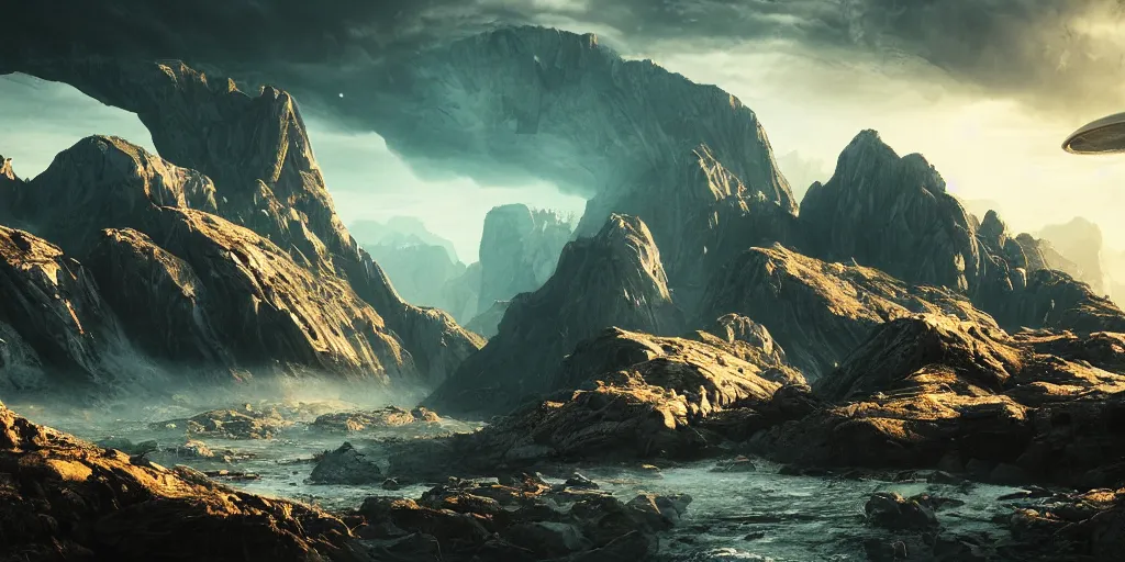 Image similar to alien environment with epic mountains and cliffs by james clyne, epic lighting, cinematographic, 8 k, award winning, ultra detailed