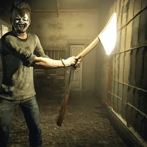 Image similar to jack baker from resident evil 7 ( 2 0 1 7 ) wielding axe, slasher smile, cinematic lighting, eerie atmosphere, re engine render, photorealistic face