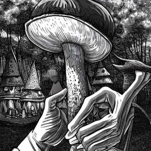 Prompt: a centered chest up portrait of a psychedelic demonic anthropomorphic mushroom smoking a hand - rolled cigarette smoking heavily, magic mushroom village in background. award winning. superb resolution. in the art style of junji ito and greg rutkowski. detailed mushroom city in background. hyper realistic anime. perfect art. dalle 2