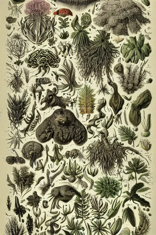 Image similar to an extremely high quality hd, a drawing of a group of plants and animals, an illustration of by earnst haeckel, deviantart, folk art, photoillustration, repeating pattern, woodcut, 8 k, ultra realistic, very realistic