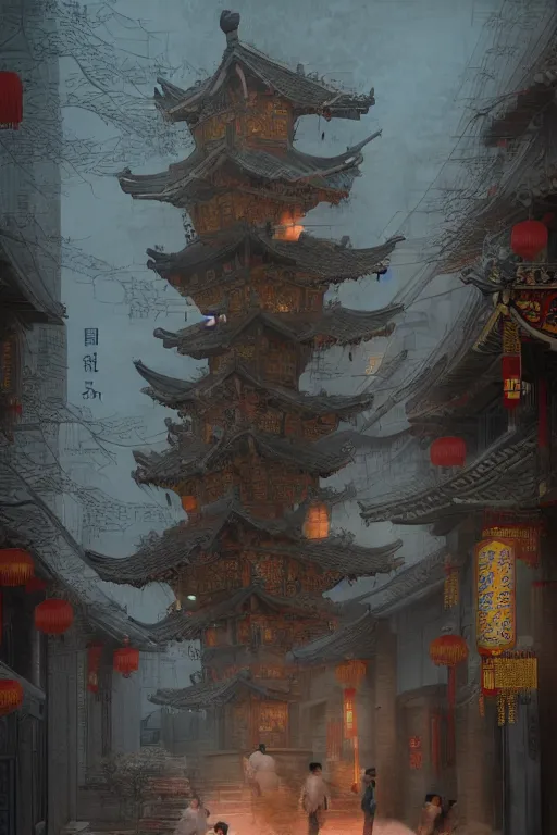 Image similar to on the night of the chinese new year's day, many chinese ghosts wander in the ancient chinese streets. the guiding line composition method, the tindal effect, the soft light, the cool color, by wu jinyuan, trending on artstation