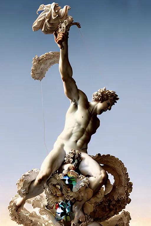 Prompt: Epic and painful view of Italian Renaissance Gargula statue sculpted on white stained marble by Bernini and kris kuksi, Bastien Lecouffe-Deharme, Maxfield Parrish, Mucha and Artem Demura