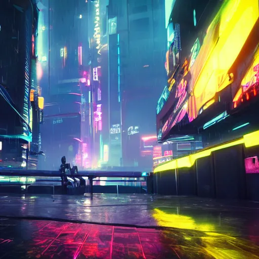 Image similar to « glowing neon lights, sunrise, cyberpunk, alita battle angel, blade runner, rainy, cold, clouds, far view, photorealistic, unreal engine 5, sharp focus »