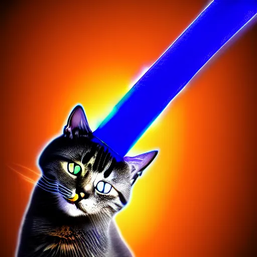 Image similar to Cat holding a glowing blue sword , digital art , 4k