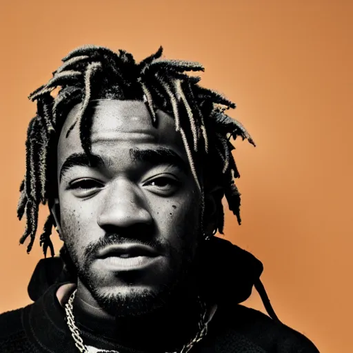 Image similar to a studio photograph of Lil Uzi Vert, portrait, 40mm lens, shallow depth of field, close up, split lighting, cinematic