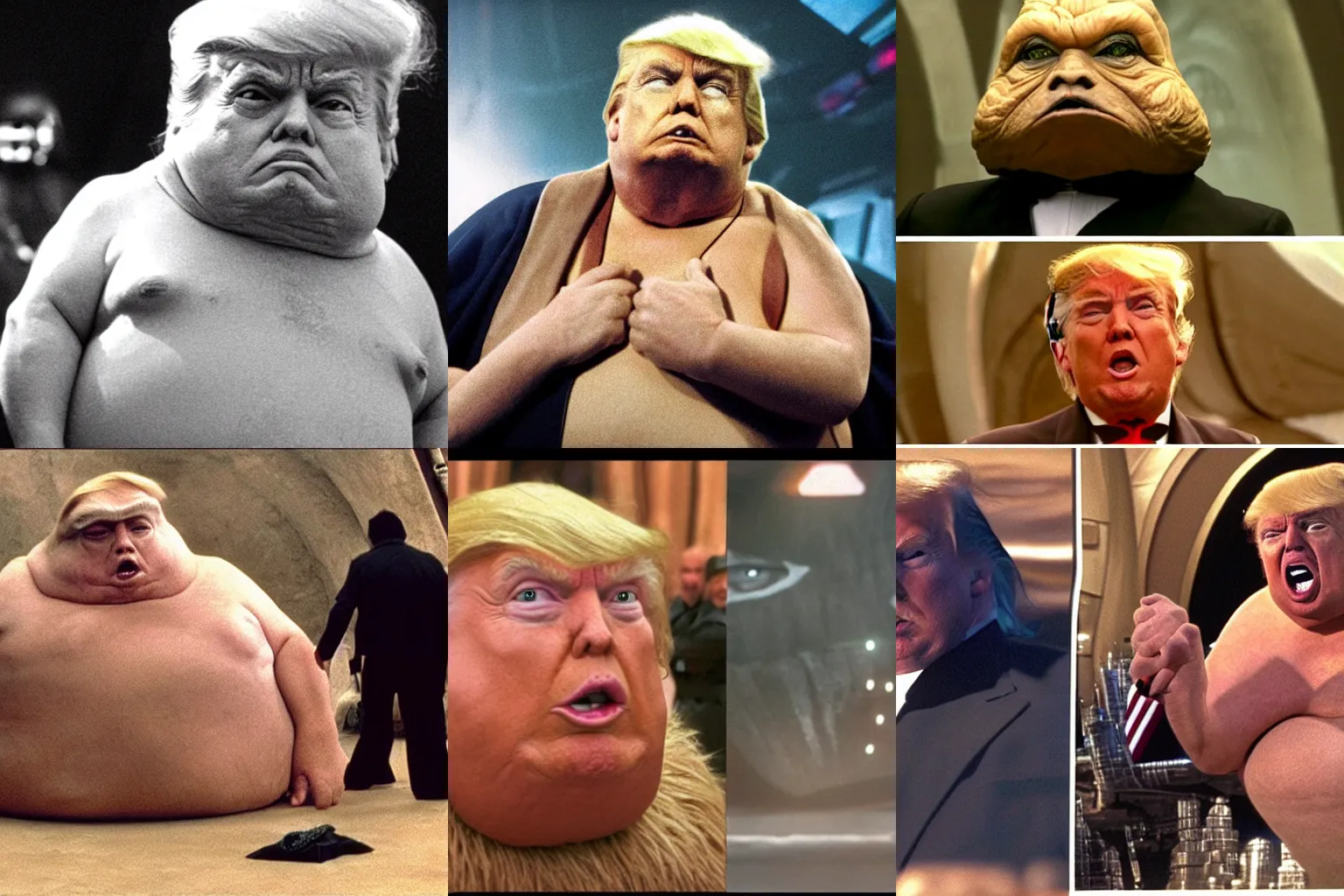 Prompt: Donald Trump as jabba the hutt in a star wars movie screenshot