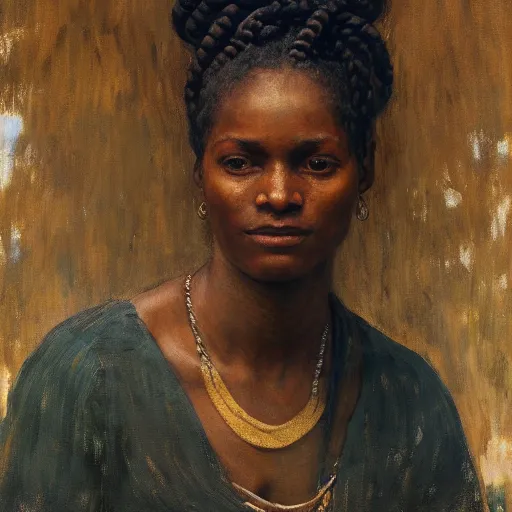 Prompt: A stunning masterful portrait of a striking African woman with braided hair by Andrew Wyeth, John Singer Sargent, and Norman Rockwell, natural light, oil painting, ethereal, earth tones, strong brushwork