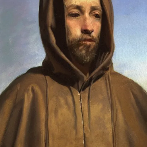 Image similar to a man wearing a long cloak and hood, oil painting, portrait, high detail