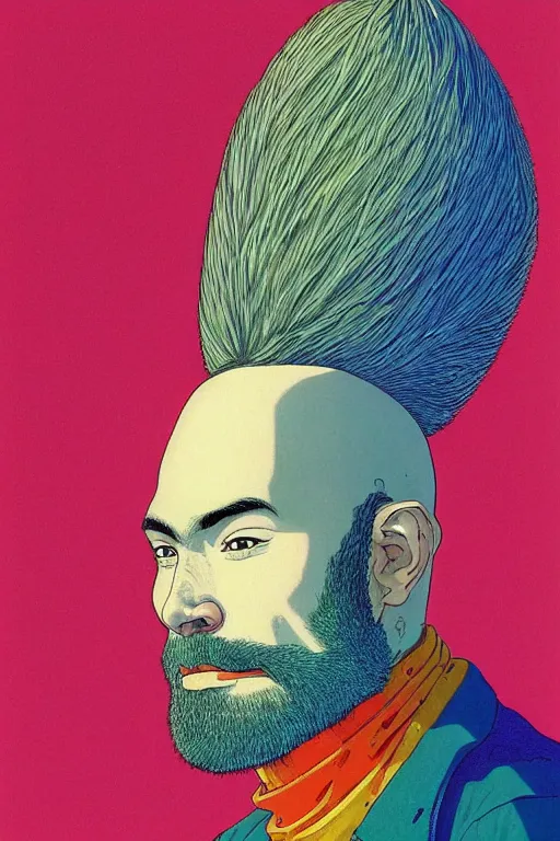 Image similar to a colorful closeup portrait of a young bald man with a very long wild beard dreaming psychedelic hallucinations in the vast icy landscape of antarctica, by kawase hasui, moebius and edward hopper, colorful flat surreal design, hd, 8 k, artstation