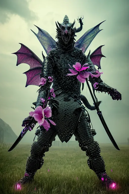 Image similar to hyperrealistic neo - gothic human dragon hybrid, exoskeleton armor, fighting with katana, field of pink flowers, highly detailed digital art masterpiece, vitaly bulgarov dramatic dark teal light, ground angle hd 8 k, sharp focus