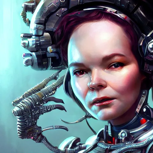 Image similar to bjork as a cyborg, fantasy, portrait, highly detailed, digital painting, trending on artstation, concept art, sharp focus, illustration, art by artgerm and greg rutkowski and magali villeneuv