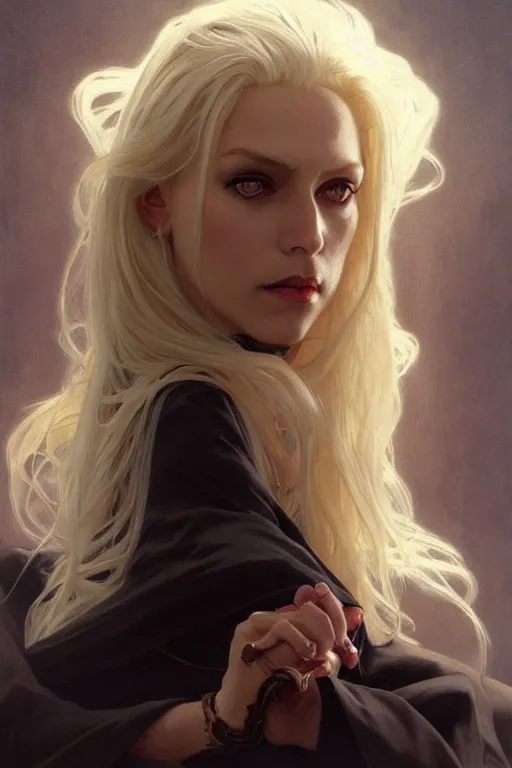 Prompt: portrait of an old blonde vampire mage, dark, piercing eyes, gentle expression, elegant clothing, photorealistic, highly detailed, artstation, smooth, sharp focus, art by michael whelan, artgerm, greg rutkowski and alphonse mucha