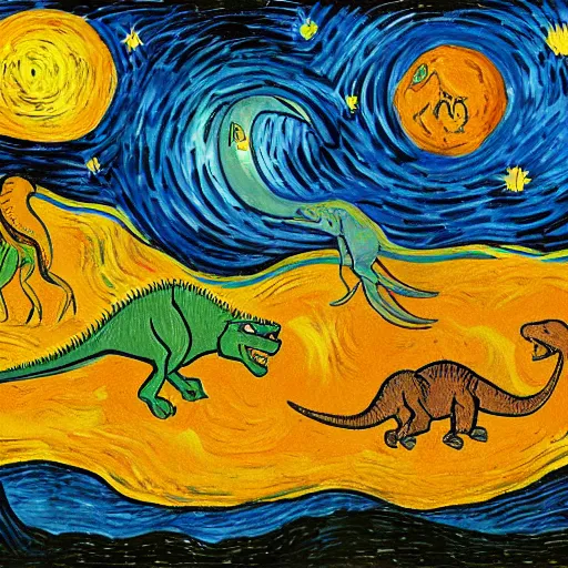 Image similar to painting of the extinction of the dinosaurs with asteroid and fire, in the style of vincent van gogh