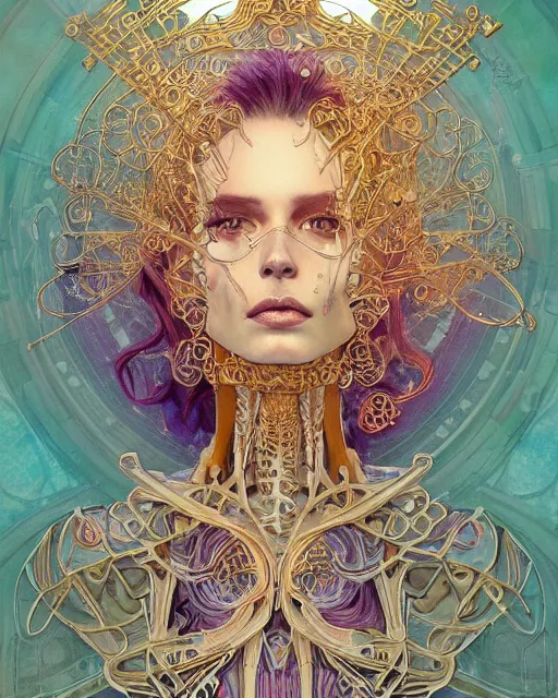 Prompt: glitch art bionic skeleton, vaporwave, highly detailed, very intricate, art nouveau, gold filigree, romantic storybook fantasy, soft cinematic lighting, award - winning, disney concept art watercolor illustration by mandy jurgens and alphonse mucha and alena aenami, pastel color palette, featured on artstation