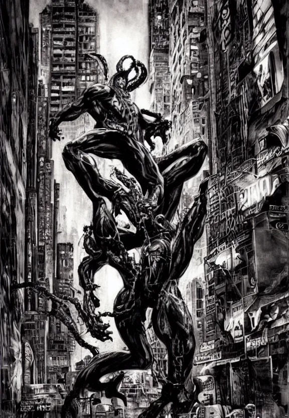 Prompt: venom in a new york alley at night by lee bermejo and simon bisley