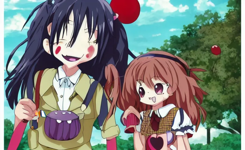 Image similar to anime about a schoolgirl and her monster clown friend trying to navigate the rigors of school life, horror, wholesome, creepy, cute, fantasy anime illustration