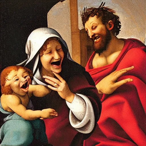 Prompt: Mary and Jesus laughing, painting by Michelangelo