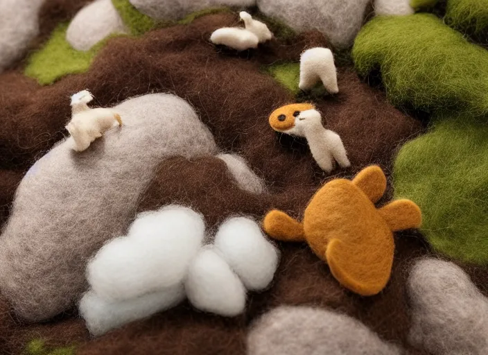 Image similar to high - res photograph of a felt sculpture diorama with cute fluffy forest critters, highly detailed sculpey diorama, forest setting, waterfall backdrop, realistic materials, wood, felt, cloth, burlap, smooth, sharp foccus, commercial product photography,