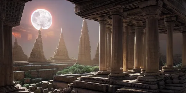 Image similar to beautiful hyperrealistic hyperdetailed epic 3 d render by octane of the mysterious intricate ruins of a temple from an advanced alien starwars civilization under the crescent moon by hubert robert, dramatic lighting