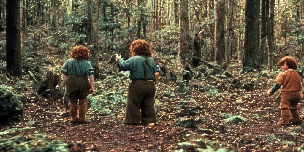 Image similar to A full color still from a Stanley Kubrick film featuring two hobbits with their backs to the camera, in a dark forest, 35mm, 1975