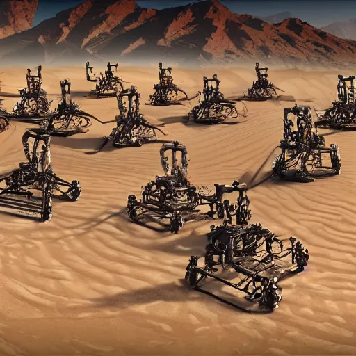 Prompt: painting of a dozen buried biomechanical robots in the desert, oasis, 4 k. cinematic. epic.