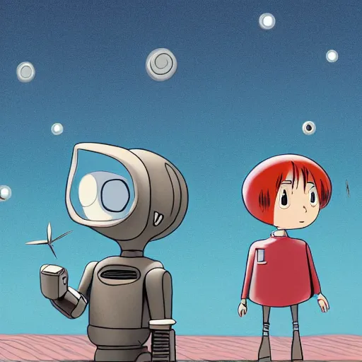 Image similar to A cute cartoon looking robot girl (or guy; your choice), standing and looking up at the sky. Illustration done in parody of works by Hayao Miyazaki.