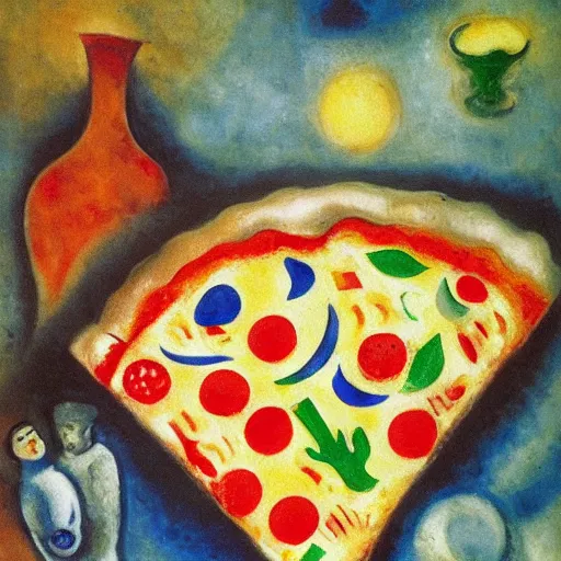 Prompt: an oil painting of a pizza by chagall