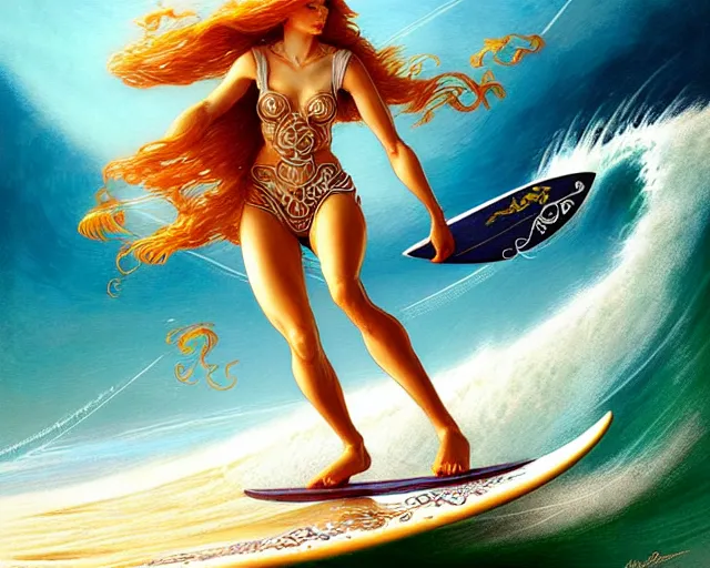 Prompt: beautiful ginger surfer is surfing on a surfboard in a sea of pasta, art nouveau, fantasy, intricate pasta waves, elegant, highly detailed, sharp focus, action art by artgerm and greg rutkowski and wlop