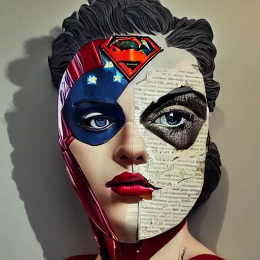 Prompt: a beautiful sculpture designed by Sandra Chevrier, superhero