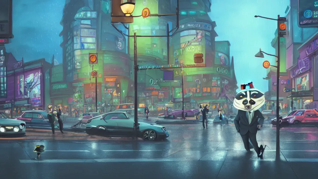 Image similar to A cute anthropomorphic raccoon businessman is walking down a busy crosswalk at in the rain at night, cold lighting with an blue glow coating the cityscape from the city lights, zootopia, other anthropomorphic characters are walking by him, extremely detailed, HDR, sideview, solemn and moody, many cars and animal people in the background, detailed face and eyes, large eyes with visible pupils, the road is wet with many rain puddles, reflections from the water on the ground, he is carrying a black briefcase, depressing feelings, sadness, expressive face