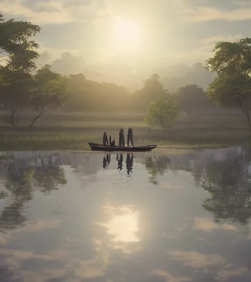 Image similar to three humanswith a reflection of three crows in a boat in a swamp, volumetric lighting, fog, majestic light, octane render, ethereal glare of the sun, hyperrealistic, epic, masterpiece, by makoto shinkai