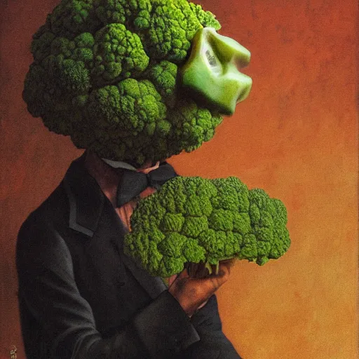 Prompt: a man wearing a broccoli mask and formal suit, digital painting, highly detailed, by rutkovski, beksinski, durer