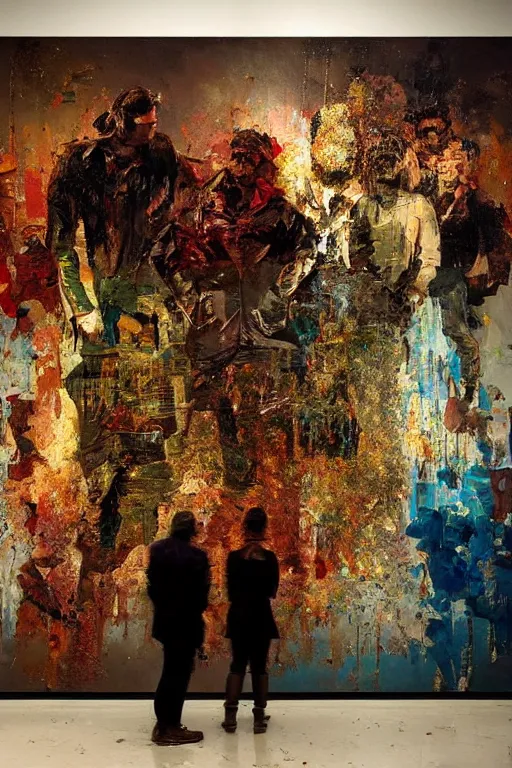 Image similar to a beautiful glitched painting by robert proch of people in front of a painting in a museum gallery, metal rust and plaster materials, pixel sorting, color bleeding, brushstrokes by jeremy mann, still life, dark colors