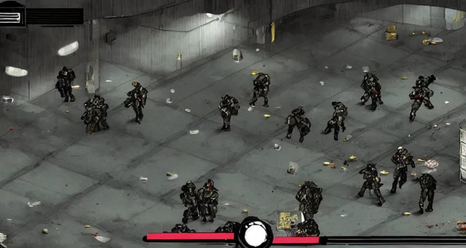 Prompt: 1998 Video Game Screenshot of Neo-tokyo Cyborg bank robbers vs police, Set inside of Parking Garage, Dark, Multiplayer set-piece Ambush, Tactical Squads :10, Police officers under heavy fire, Suppressive fire, Pinned down, Destructible Environments, Gunshots, Headshot, Bullet Holes and Anime Blood Splatter, :10 Gas Grenades, Riot Shields, MP5, AK45, MP7, P90, Chaos, Anime Machine Gun Fire, Gunplay, Shootout, :14 FLCL + Jet Grind Radio, Cel-Shaded:17, Created by Katsuhiro Otomo + Hideo Kojima + Arc System Works: 20