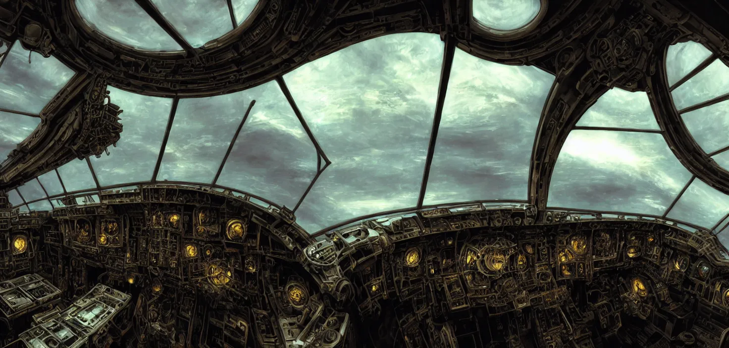 Prompt: cockpit view of a steampunk spacecraft designed by h. r. giger, large transparent glass window, solarpunk city underneath, early morning, light coming in through the window, wide angle view, rule of thirds, roger deakins, ridley scott, jan urschel, john singer sargent, mandelbulb, sorolla, ghibli