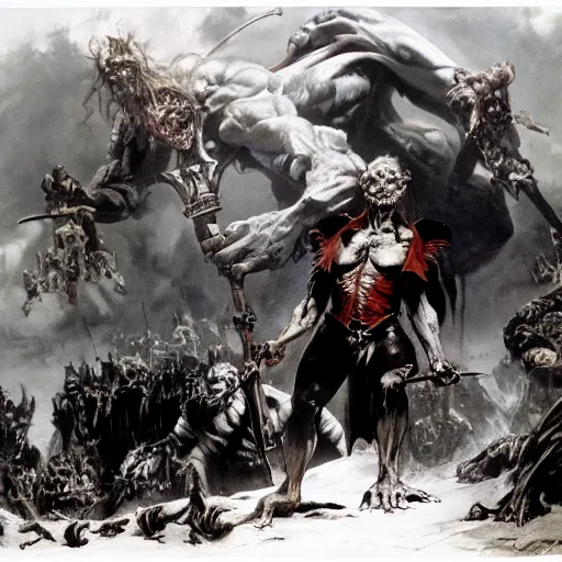 Image similar to A goblin king stands on the corpses of his enemies, painting by Frank Frazetta, detailed, 4k