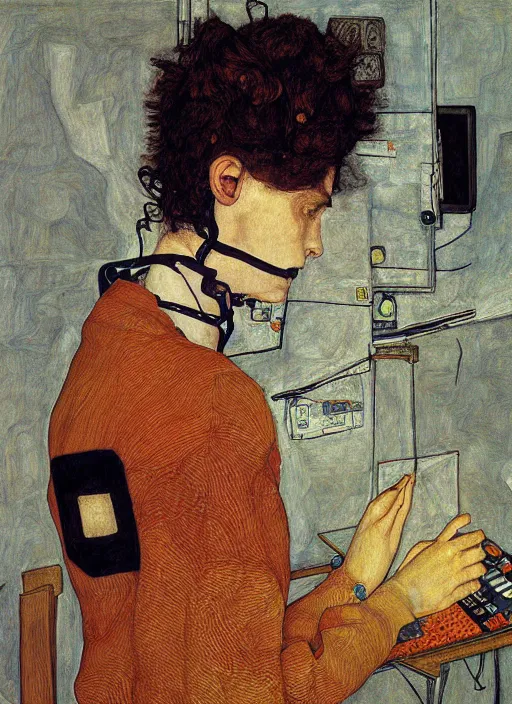 Image similar to creative coder with a computer, by egon schiele and quint buchholz, portrait, colorful, escher, detail